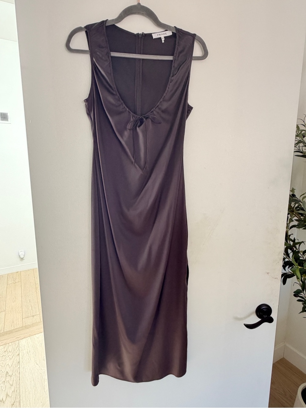 Frame Denim Satin Tie-Front Midi Dress - Chocolate Brown